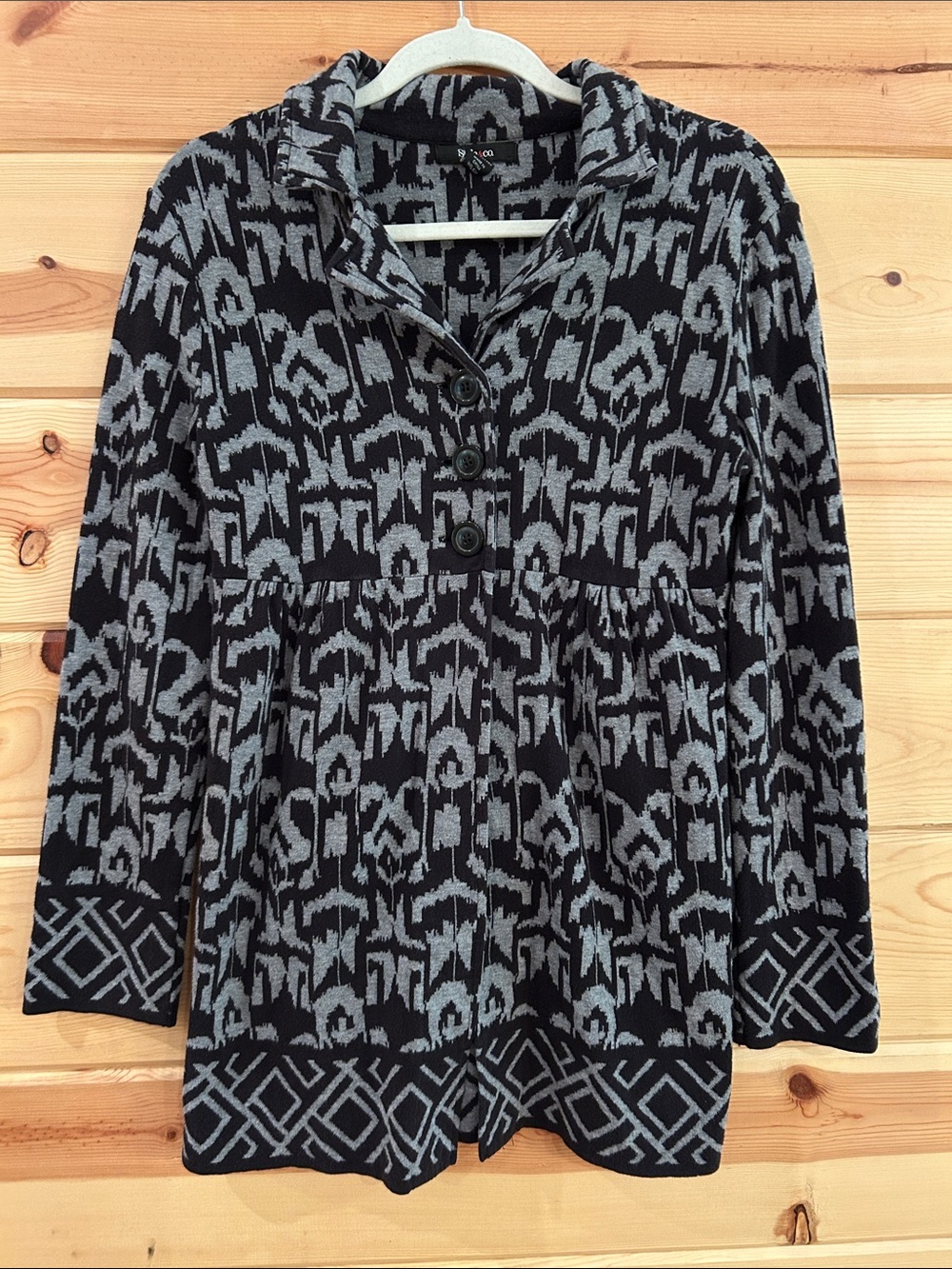 Style & Co. Cotton Black and Gray Geometric Knit Sweater/Jacket, Size S